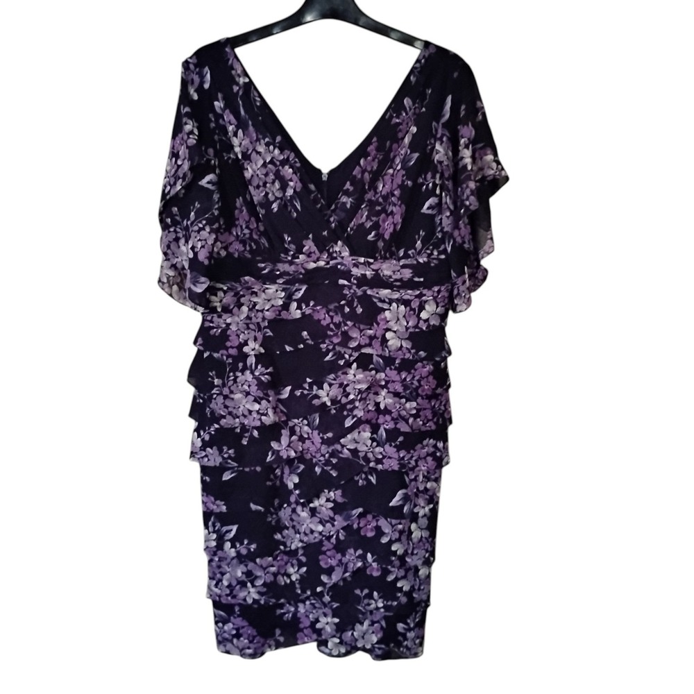 Adrianna Papell Purple Floral Tiered Ruffle Flutter Sleeve Cocktail Dress 12
